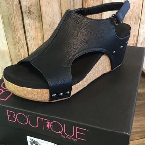 Ladies Boutique cork wedge black sandal. Size 9